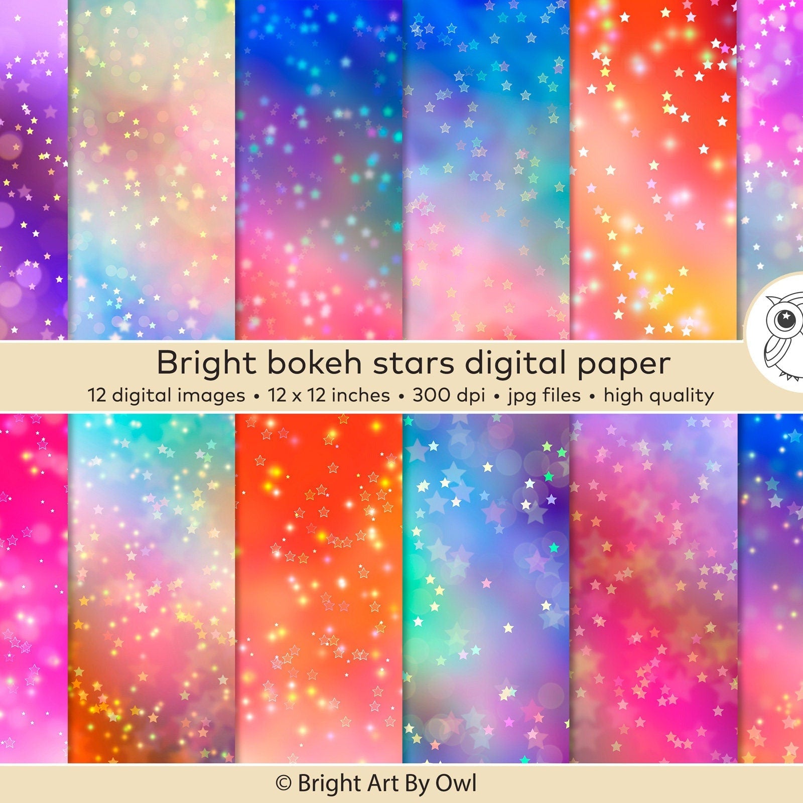 Bright bokeh stars digital paper with colorful backgrounds