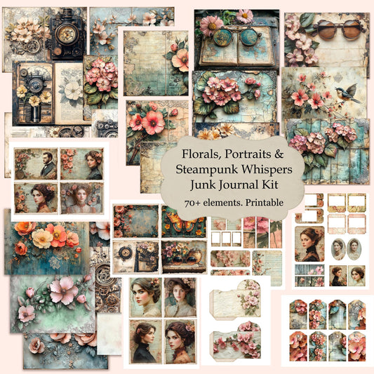Florals, Portraits & Steampunk Whispers Junk Journal Kit with various design elements.