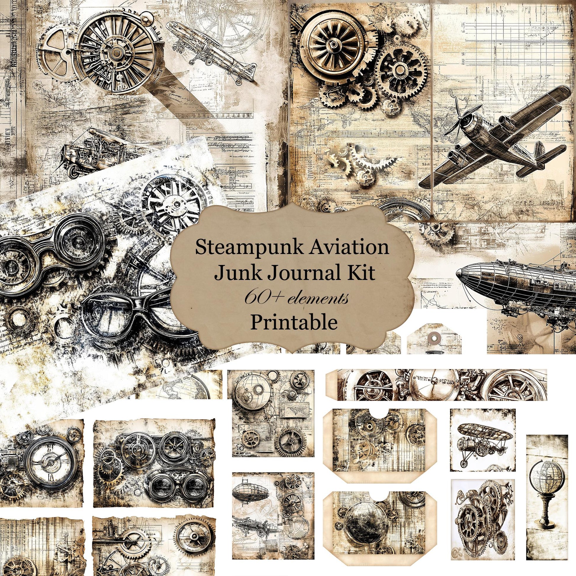 Steampunk junk journal kit printable, aviation elements