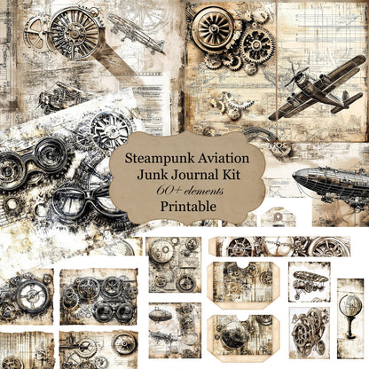 Steampunk junk journal kit printable, aviation elements