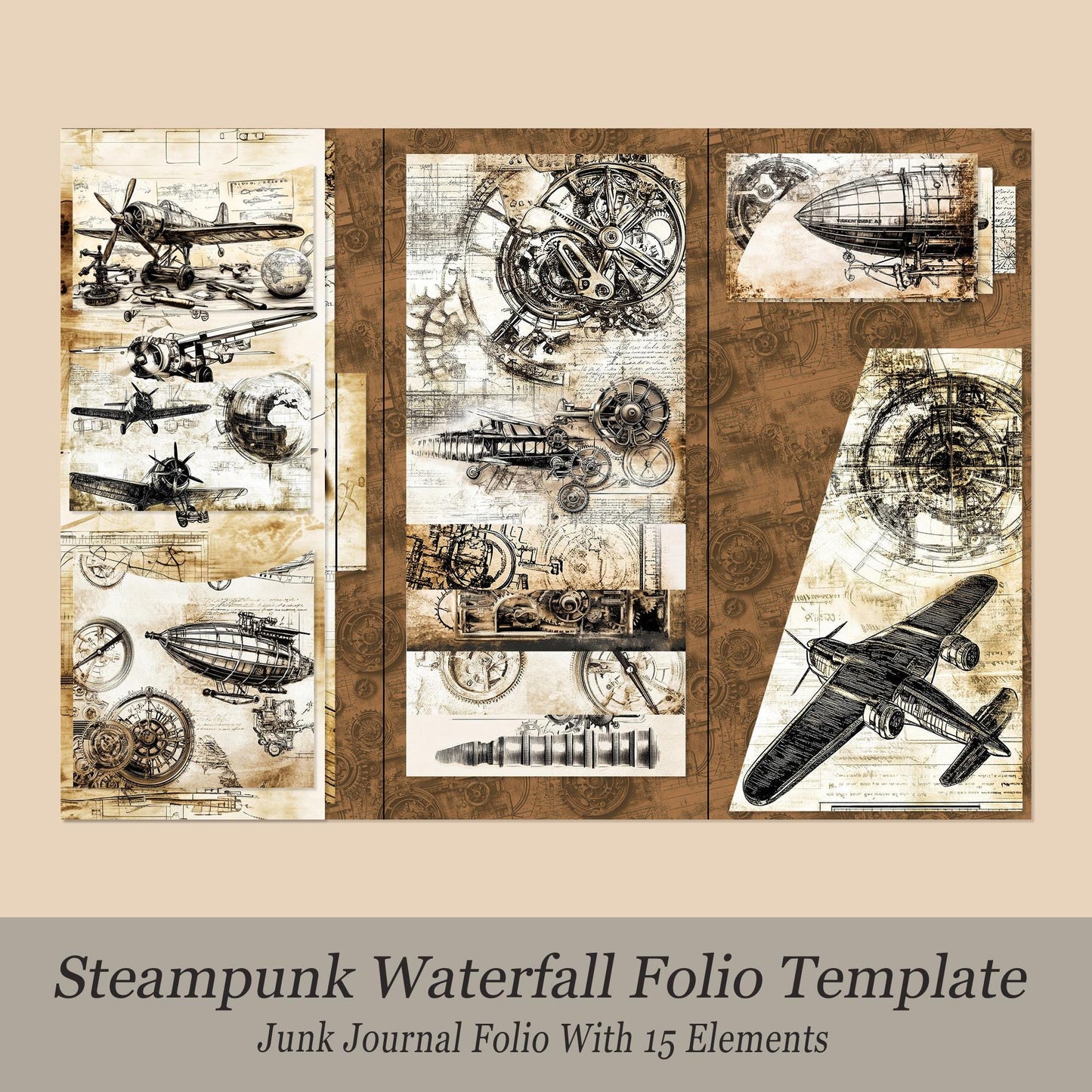Steampunk-themed waterfall folio template with vintage elements