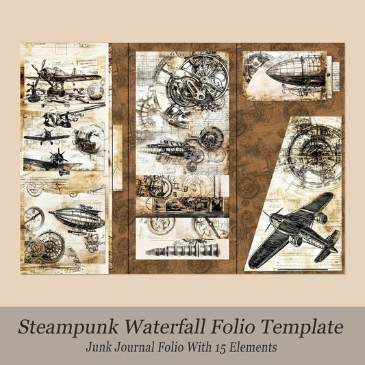 Steampunk-themed waterfall folio template with vintage elements