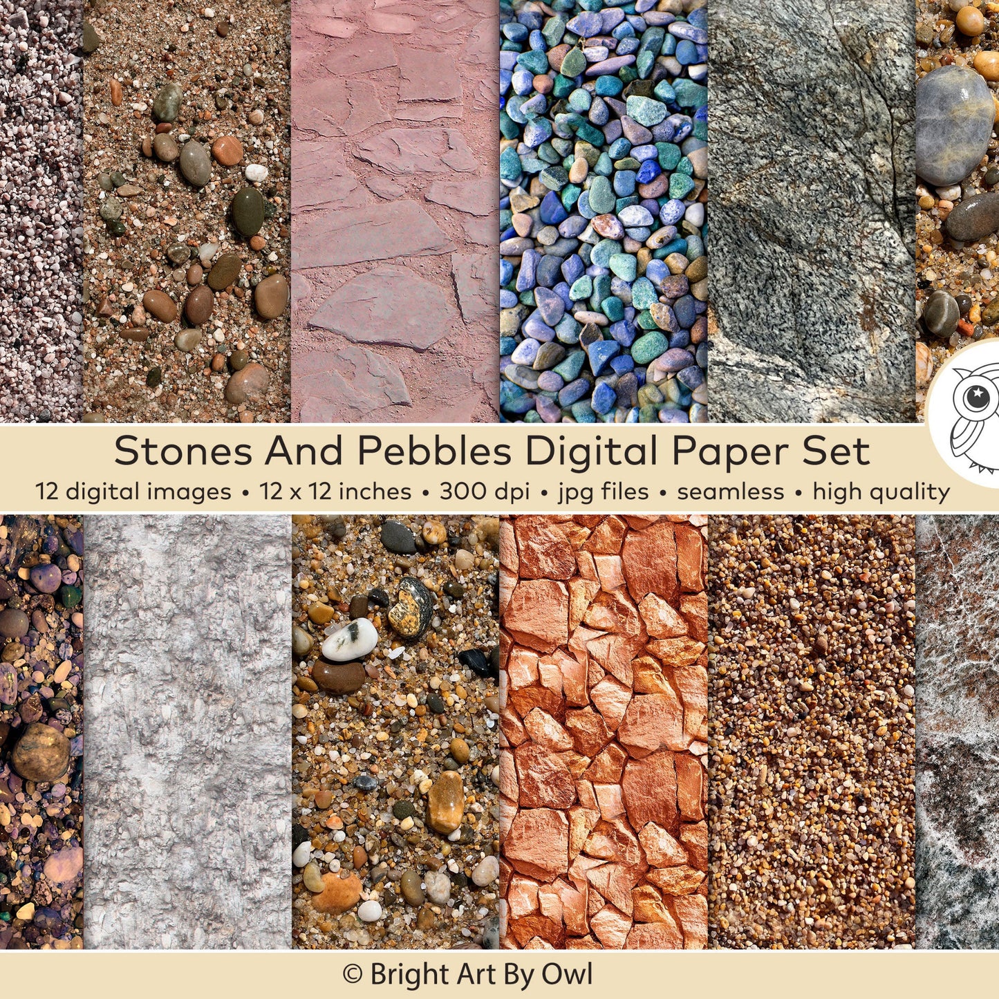 Digital paper set featuring stones and pebbles seamless backgrounds. Tileable Patterns/