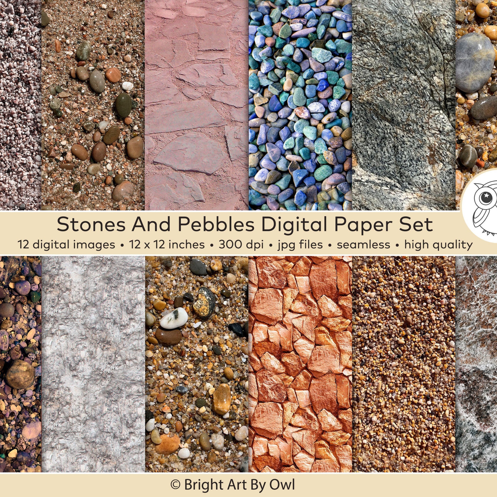 Digital paper set featuring stones and pebbles seamless backgrounds. Tileable Patterns/
