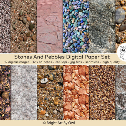Digital paper set featuring stones and pebbles seamless backgrounds. Tileable Patterns/