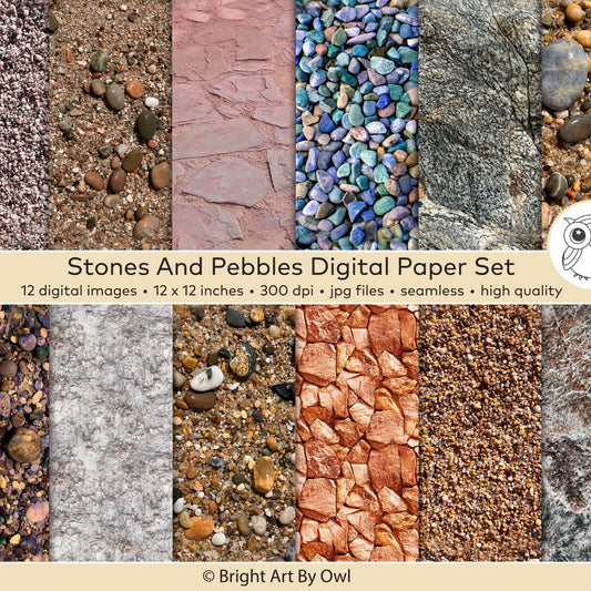 Digital paper set featuring stones and pebbles seamless backgrounds. Tileable Patterns/