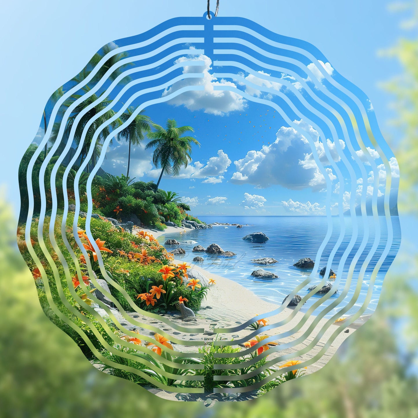 High-resolution sunny beach wind spinner sublimation design featuring an ocean shore theme. Digital PNG file, perfect for creating DIY wind spinners, personalized gifts, sublimation crafts, and small business projects. Printable round and square design for coastal and summer-themed crafting projects.