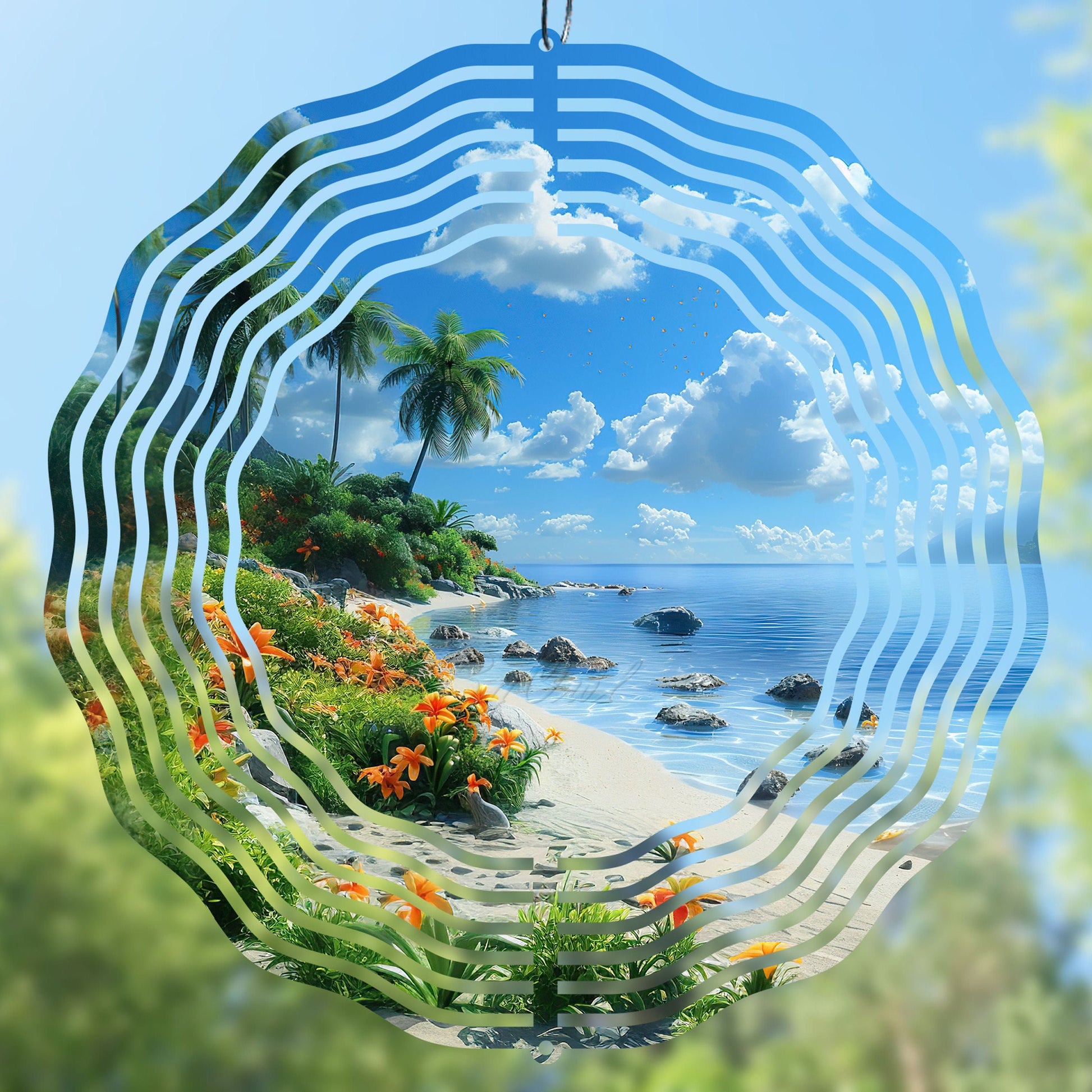 High-resolution sunny beach wind spinner sublimation design featuring an ocean shore theme. Digital PNG file, perfect for creating DIY wind spinners, personalized gifts, sublimation crafts, and small business projects. Printable round and square design for coastal and summer-themed crafting projects.
