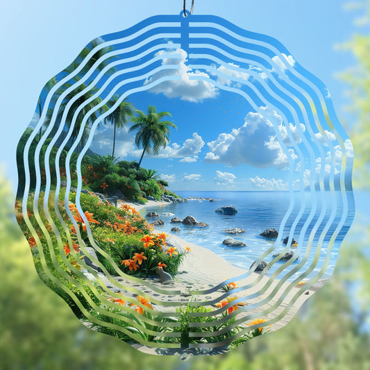 High-resolution sunny beach wind spinner sublimation design featuring an ocean shore theme. Digital PNG file, perfect for creating DIY wind spinners, personalized gifts, sublimation crafts, and small business projects. Printable round and square design for coastal and summer-themed crafting projects.