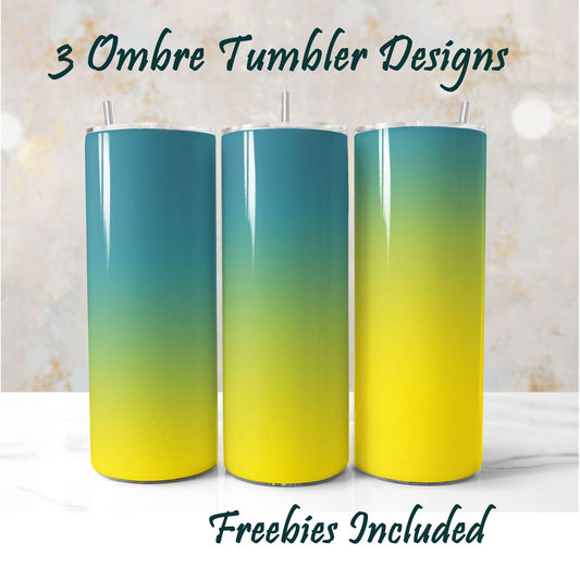 Three ombre tumbler designs with a gradient from blue to yellow, for DIY and commercial use.