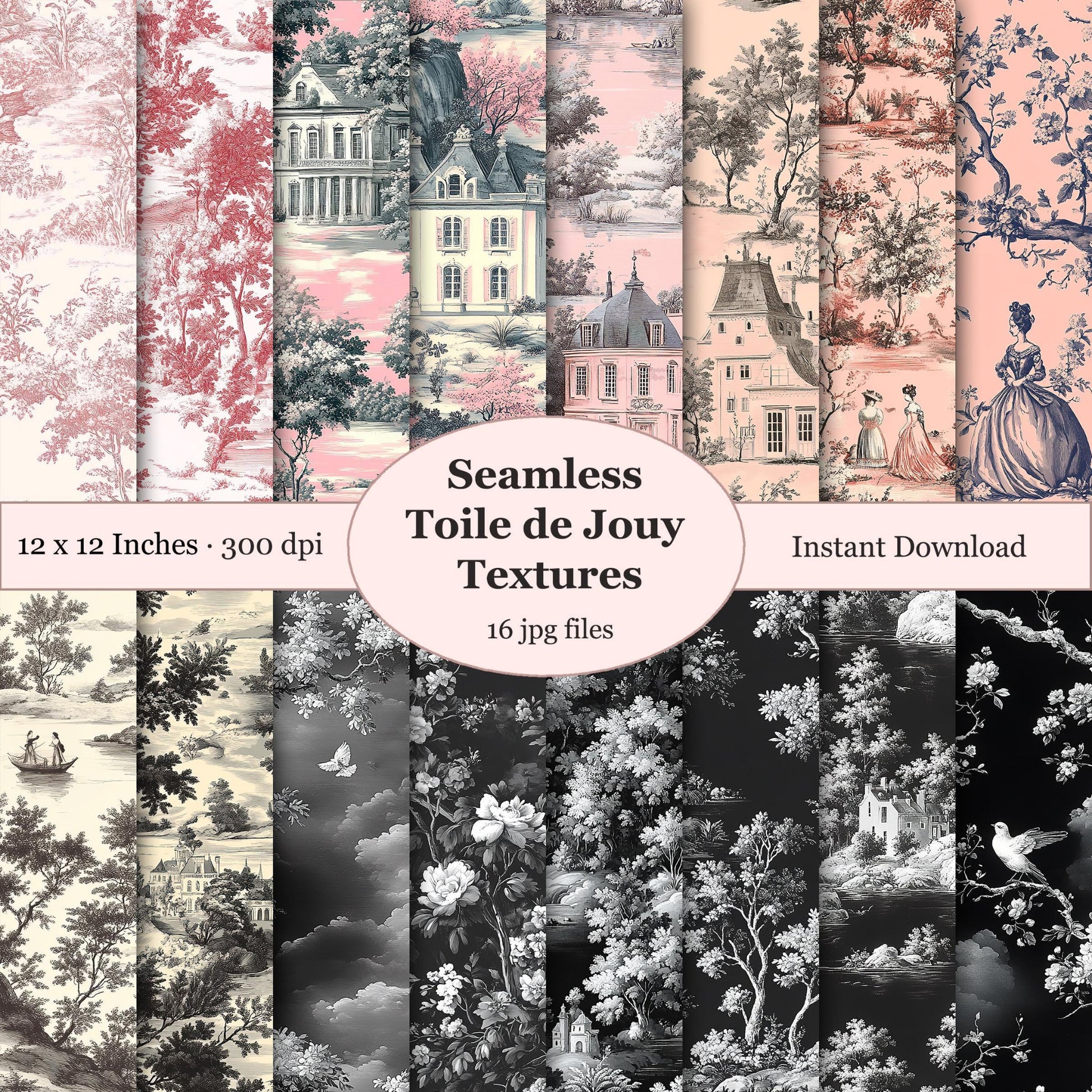 Collection of Seamless Toile de Jouy Textures with vintage house and floral patterns.
