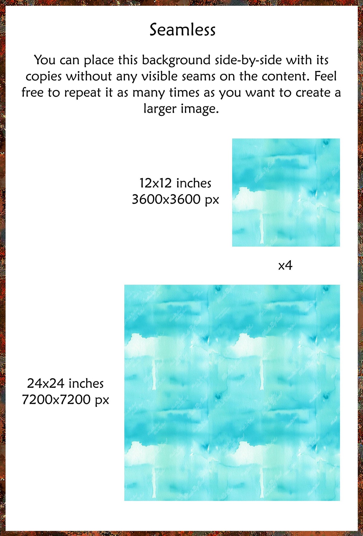 Turquoise watercolor seamless texture shown as a single tile and a repeating pattern.