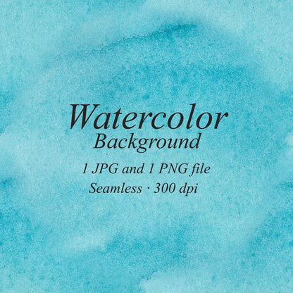 Turquoise watercolor texture with fine granulation and soft blue patches. Text: “Watercolor Background”, “1 JPG and 1 PNG file”, “Seamless · 300 dpi”