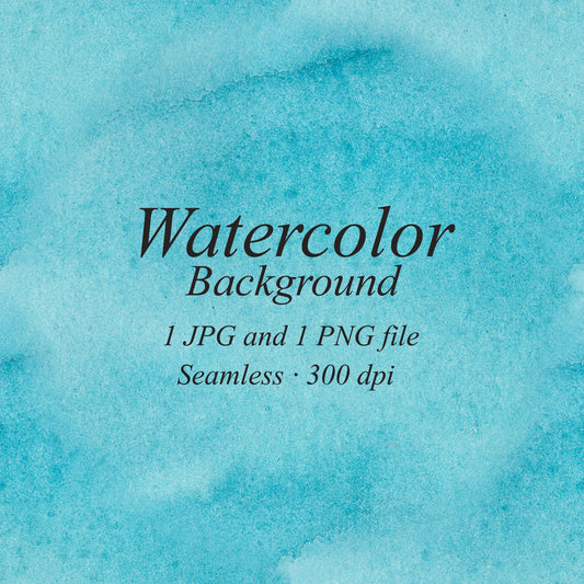 Turquoise watercolor texture with fine granulation and soft blue patches. Text: “Watercolor Background”, “1 JPG and 1 PNG file”, “Seamless · 300 dpi”