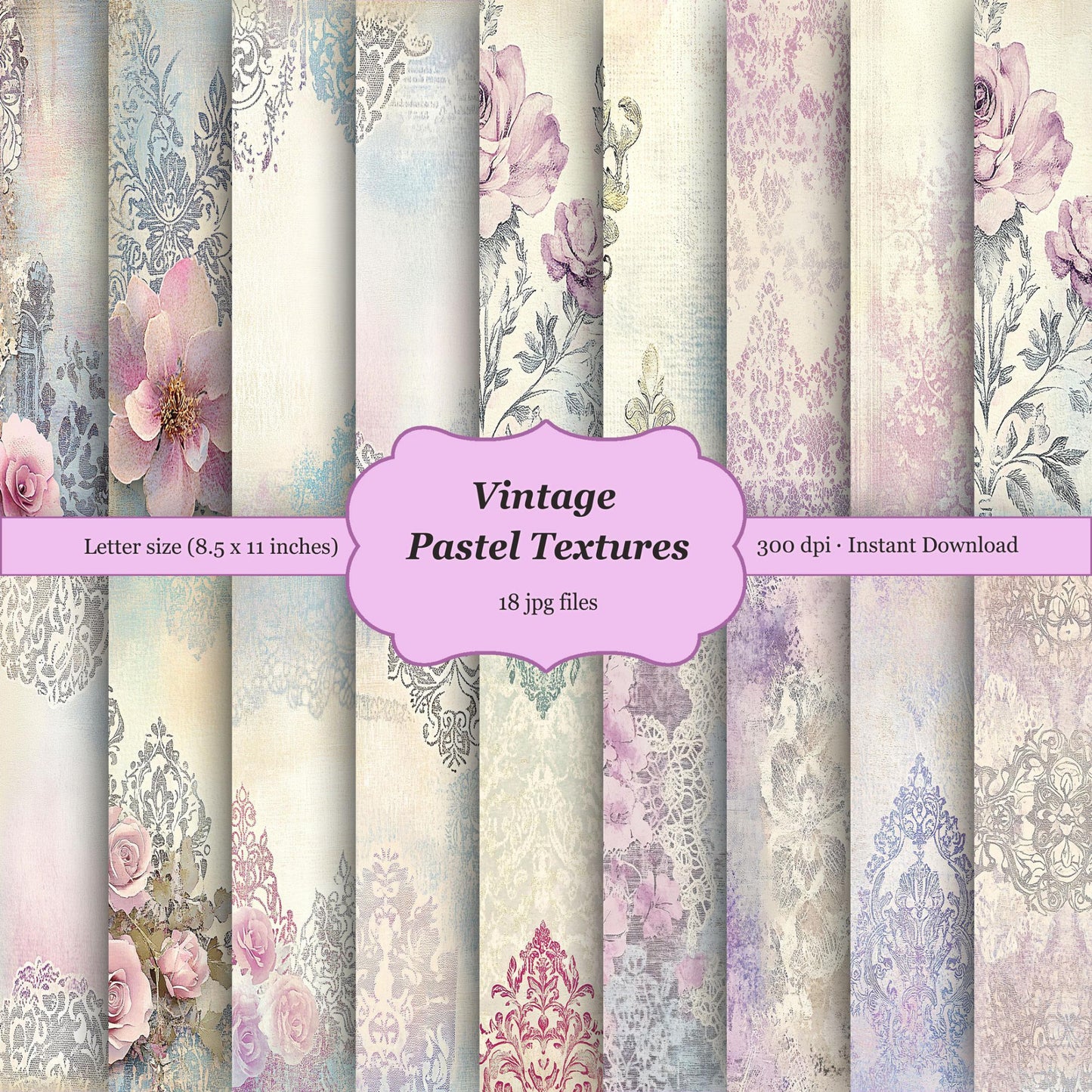 Vintage pastel textures with floral and damask patterns, junk journal paper
