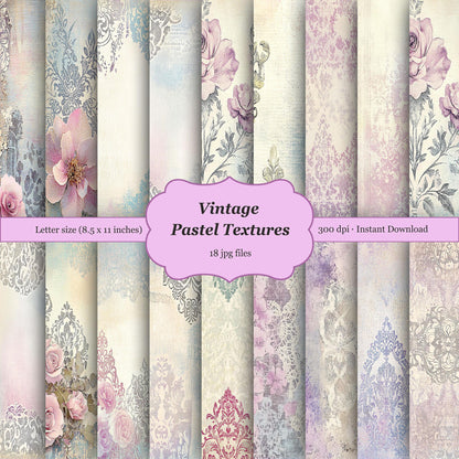 Vintage pastel textures with floral and damask patterns, junk journal paper