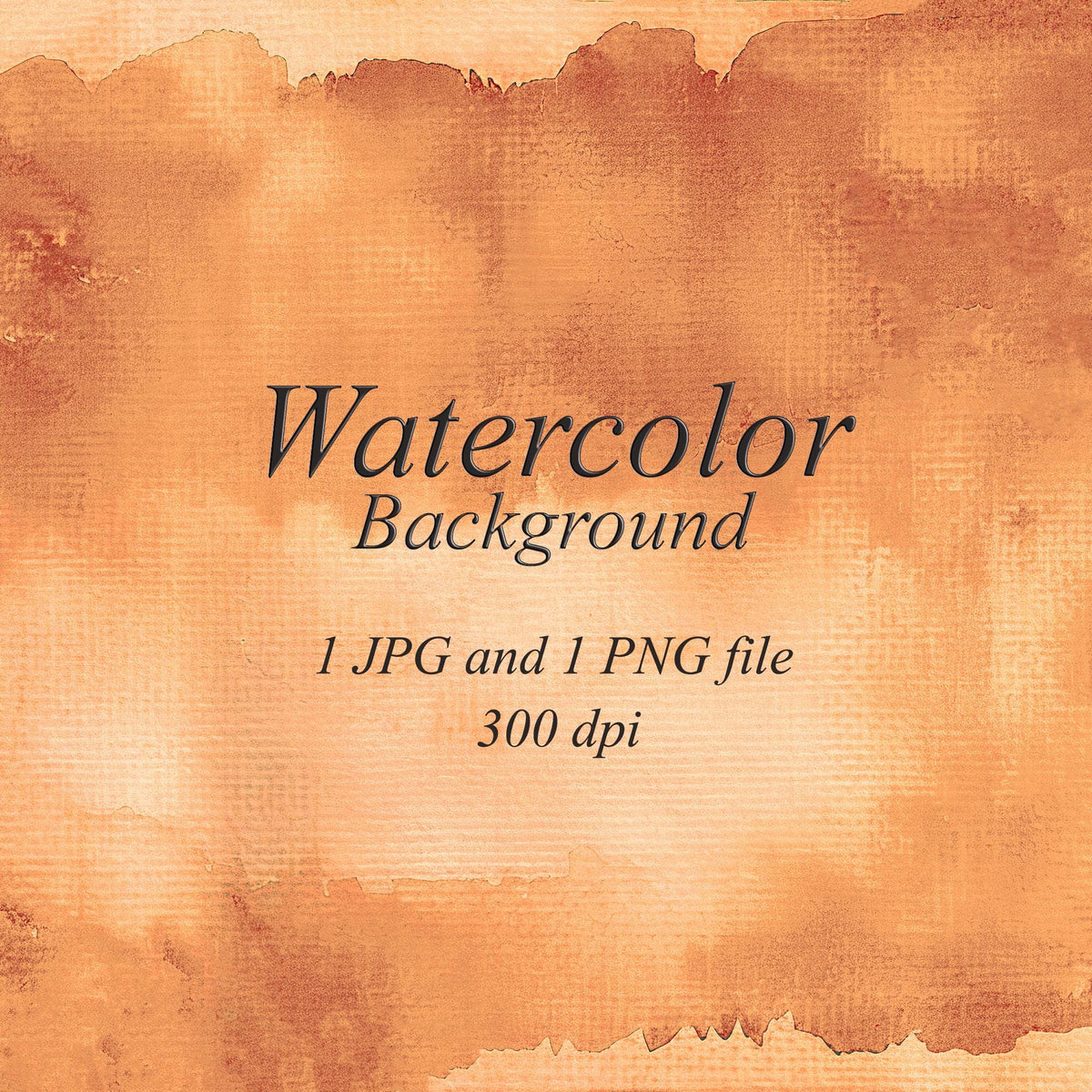 Warm golden-brown watercolor background with a lighter center, darker irregular edges, and fine textured marks. Text: “Watercolor Background”, “1 JPG and 1 PNG file”, “300 dpi”.