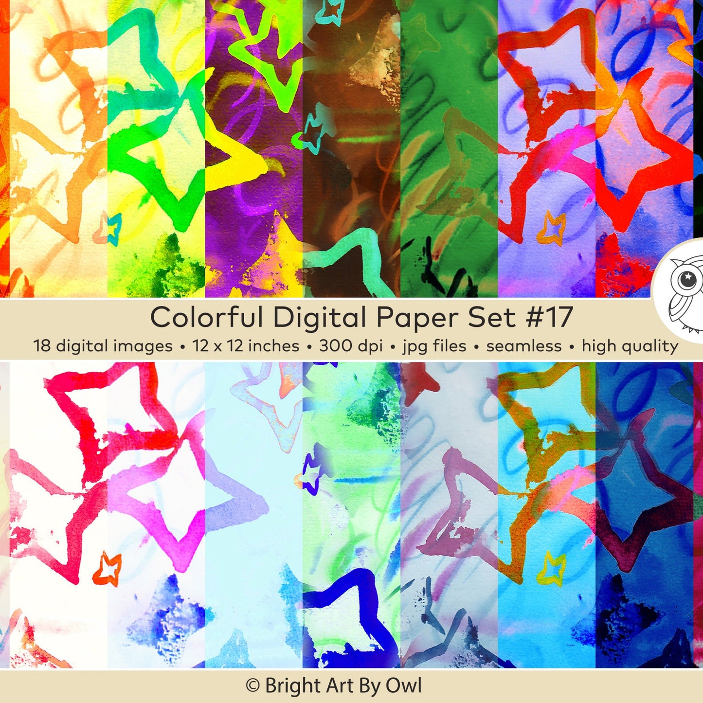 Watercolor stars digital paper, seamless patterns digital downloads