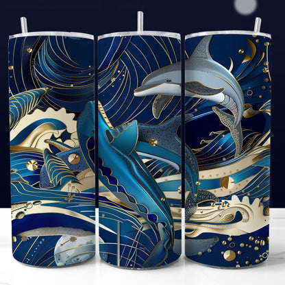 20 oz whales and dolphins tumbler wrap. Seamless printable sublimation design.
