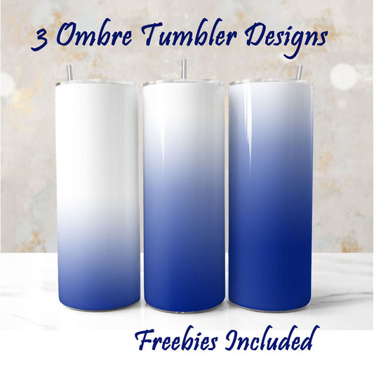 Three white to blue tumbler wraps, sublimation designs for DIY and commercial use.