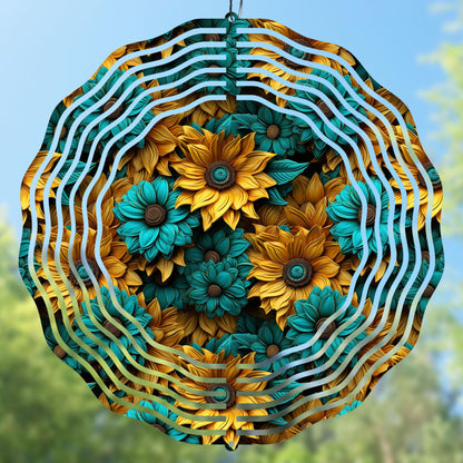 Colorful 3D sunflowers in yellow and teal for various creative projects.
