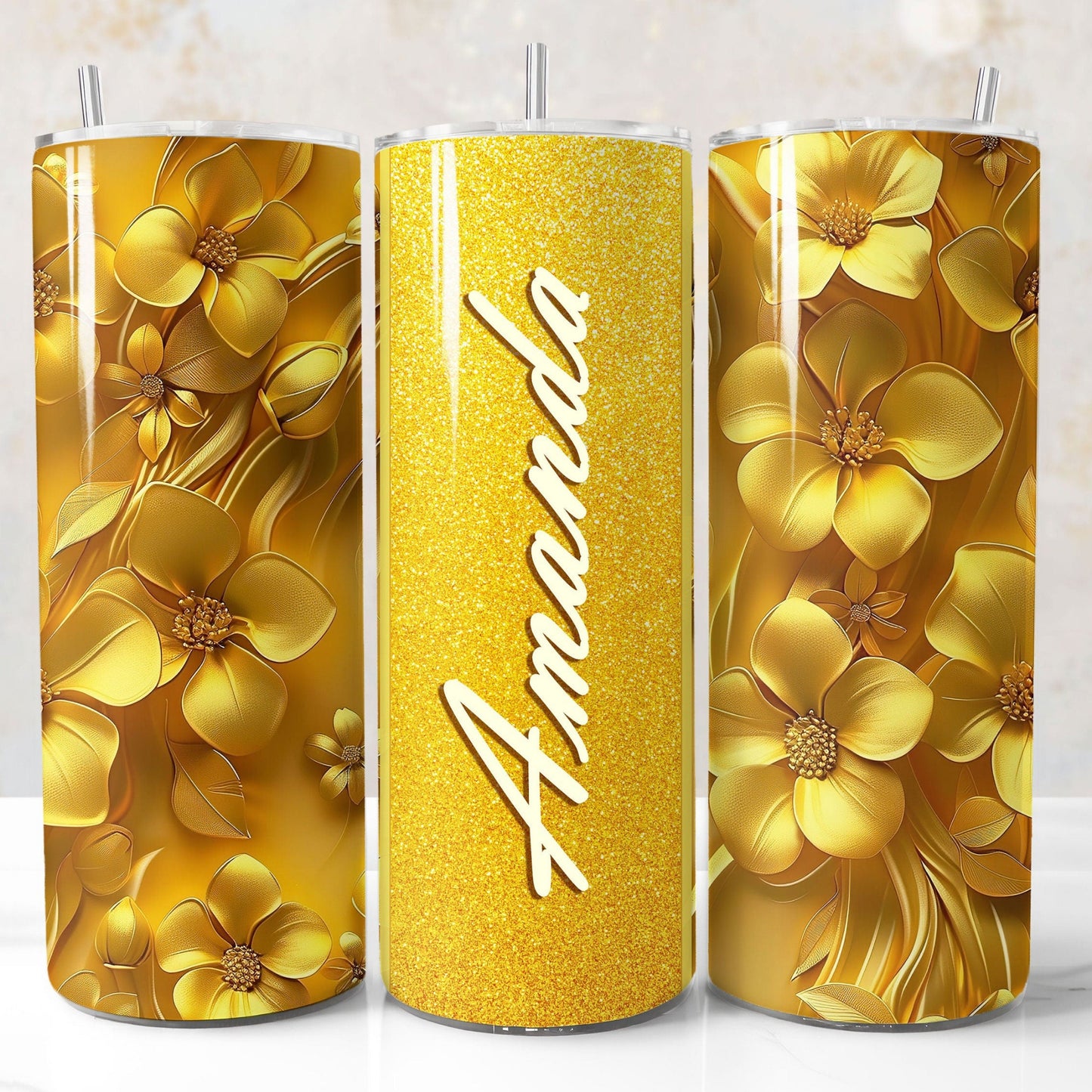 Yellow glitter 3D floral tumbler wrap PNG for 20oz sublimation tumblers with customizable name field