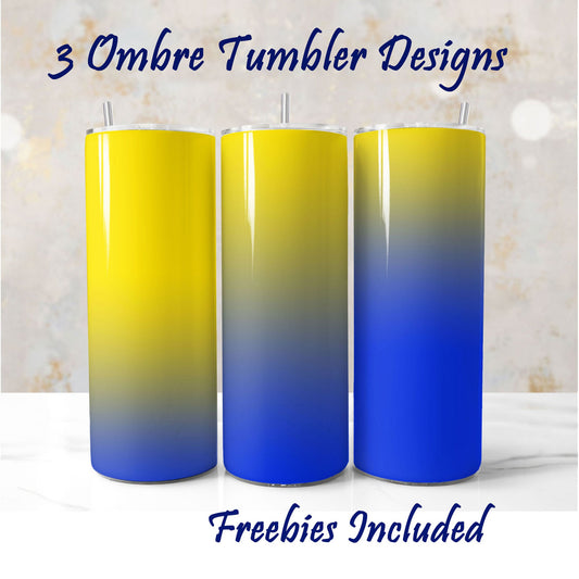 Three ombre tumbler wraps in yellow to blue gradient, sublimation designs for DIY and commercial use.