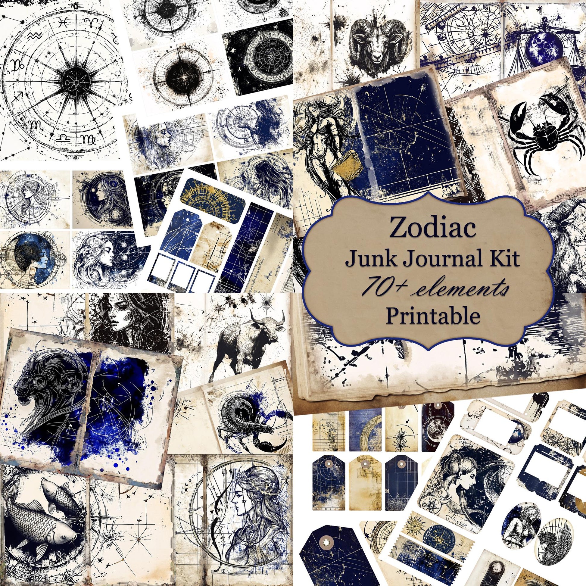 Zodiac-themed junk journal kit with various designs